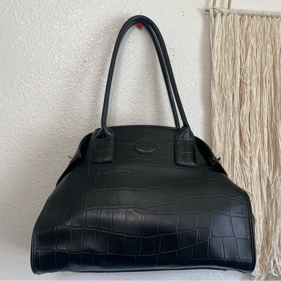 Tod's Handbags - TOD’S Girelli Croc Embossed Leather Black Locking Hand Shoulder Bag